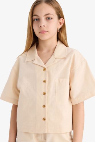Kız Çocuk Cropped Fit Keten Kısa Kollu Gömlek