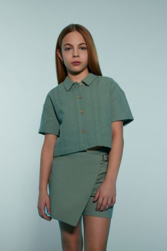 Kız Çocuk Cropped Fit Keten Kısa Kollu Gömlek