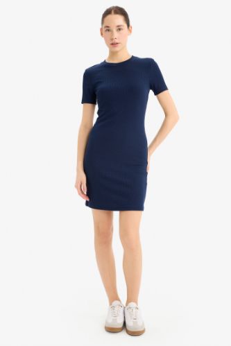 Coool Bodycon Vücudu Saran Bisiklet Yaka Fitilli Kaşkorse Kısa Kollu Mini Elbise